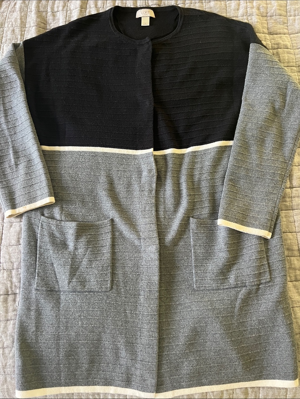 LOFT Black and Gray Colorblock Open Front Jacket, sweater like material